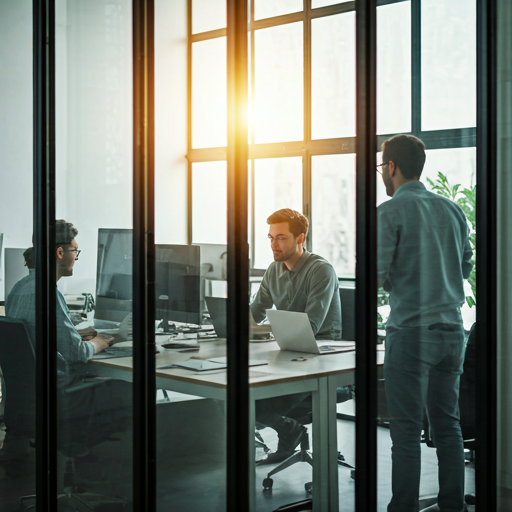 A diverse team of developers and designers collaborating in a modern, sunlit office with glass walls